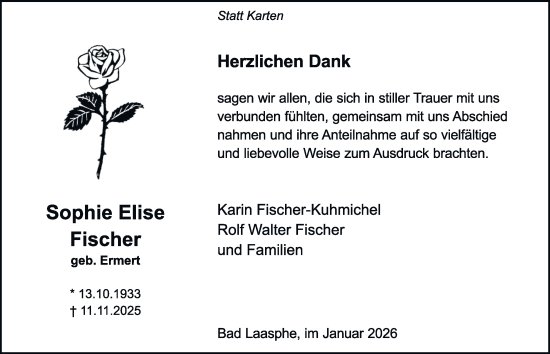 Traueranzeige von Sophie Elise Fischer von Tageszeitung