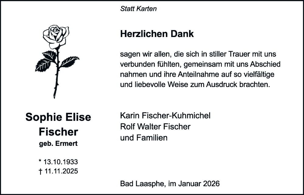  Traueranzeige für Sophie Elise Fischer vom 17.01.2026 aus Tageszeitung