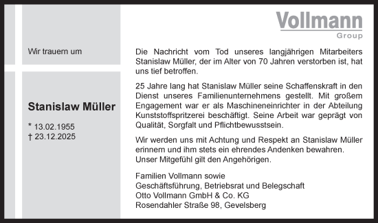 Traueranzeige von Stanislaw Müller von Tageszeitung