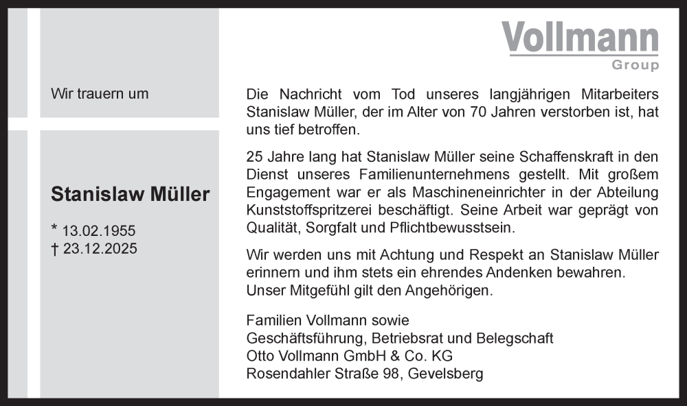  Traueranzeige für Stanislaw Müller vom 10.01.2026 aus Tageszeitung