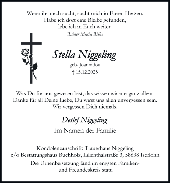 Traueranzeige von Stella Niggeling von Tageszeitung