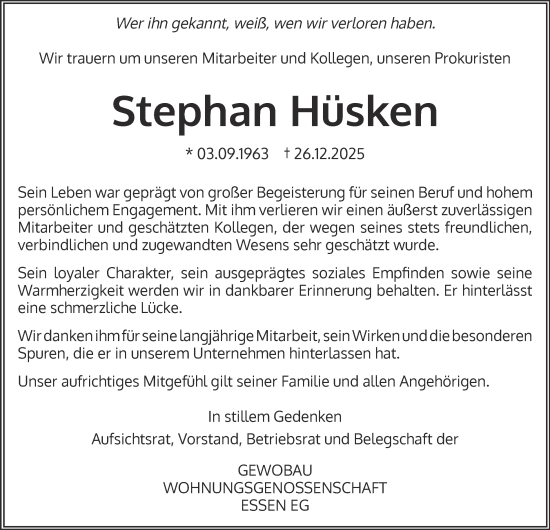 Traueranzeige von Stephan Hüsken von Tageszeitung