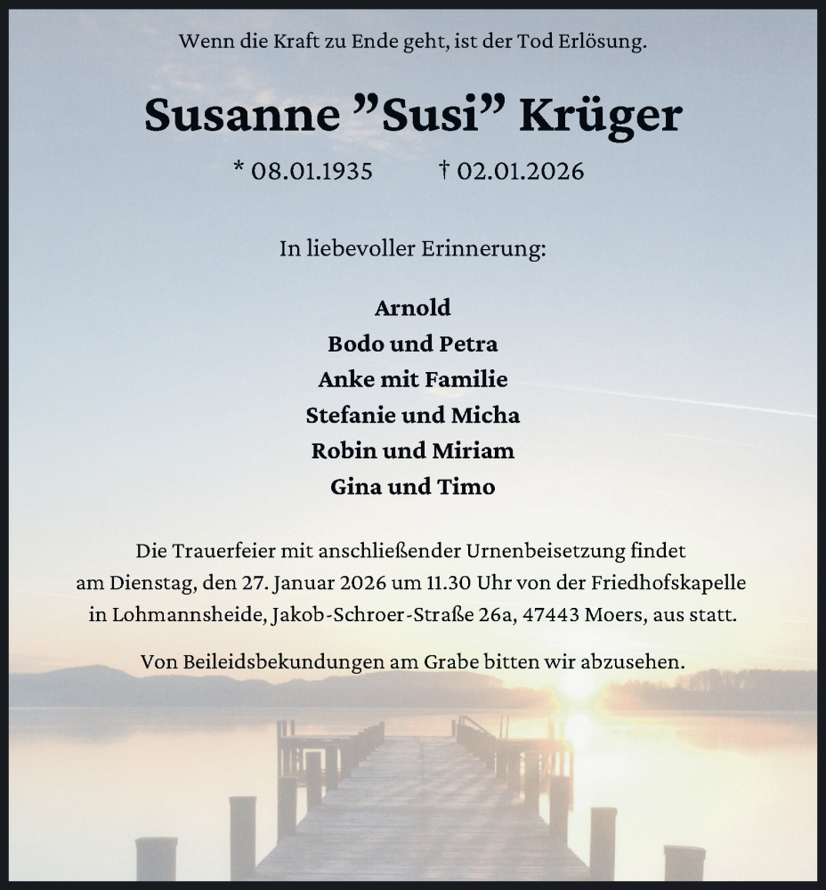  Traueranzeige für Susanne Krüger vom 17.01.2026 aus Tageszeitung
