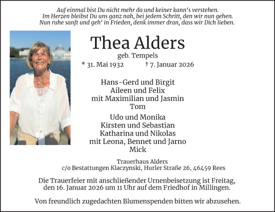 Traueranzeige von Thea Alders von Tageszeitung