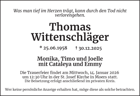 Traueranzeige von Thomas Wittenschläger von Tageszeitung
