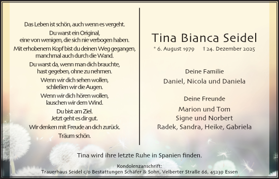 Traueranzeige von Tina Bianca Seidel von Tageszeitung