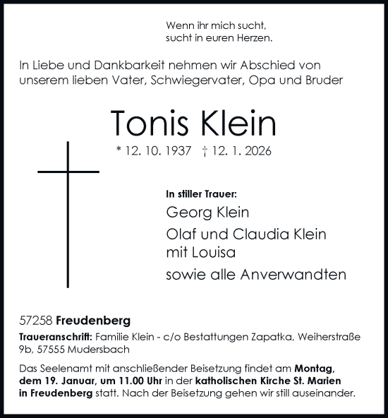 Traueranzeige von Tonis Klein von Tageszeitung