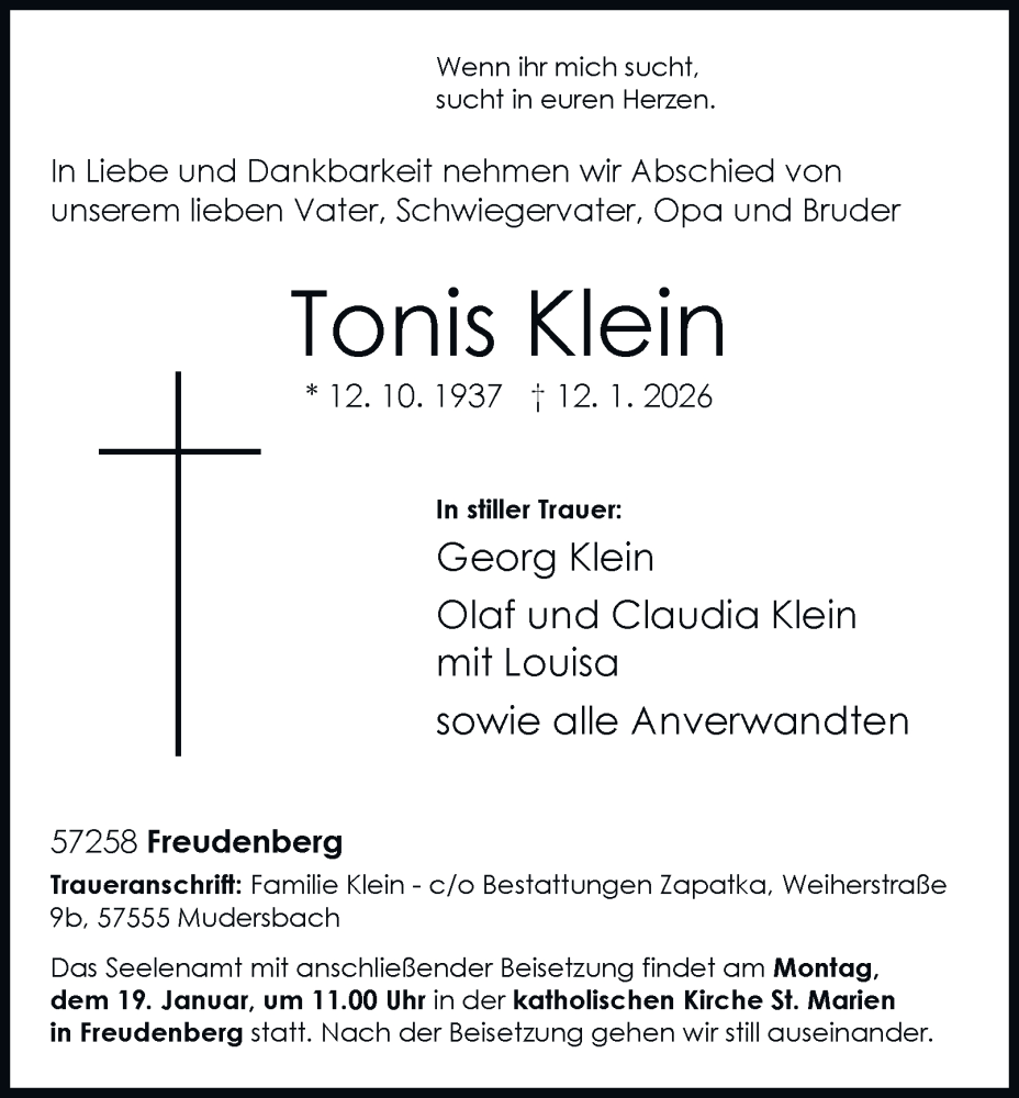  Traueranzeige für Tonis Klein vom 17.01.2026 aus Tageszeitung