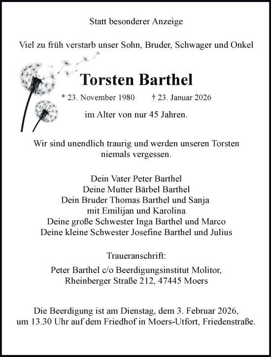 Traueranzeige von Torsten Barthel von Tageszeitung