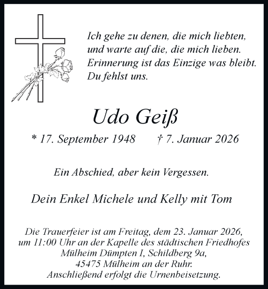 Traueranzeige von Udo Geiß von Tageszeitung