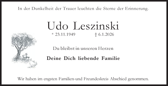 Traueranzeige von Udo Leszinski von Tageszeitung