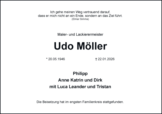Traueranzeige von Udo Möller von Tageszeitung