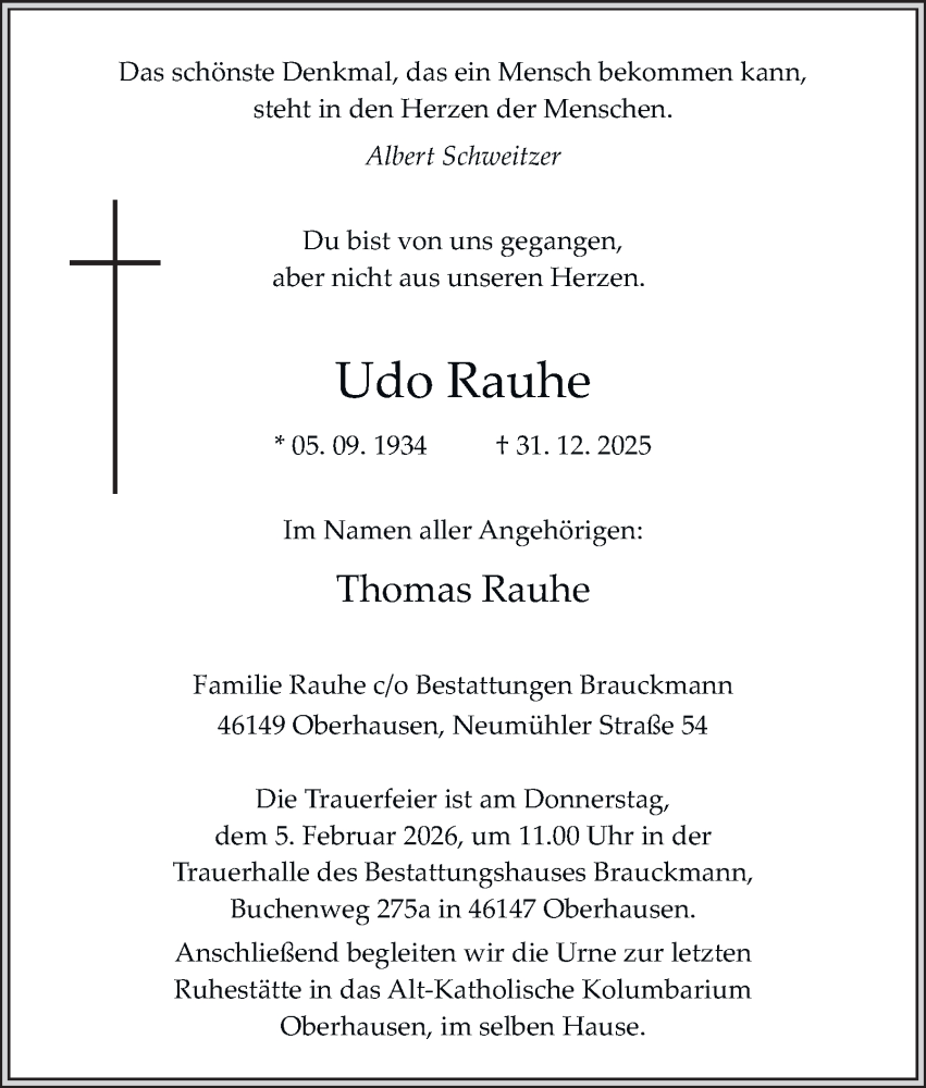  Traueranzeige für Udo Rauhe vom 31.01.2026 aus Tageszeitung