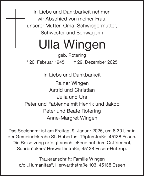 Traueranzeige von Ulla Wingen von Tageszeitung