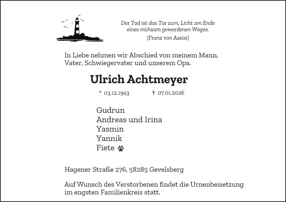  Traueranzeige für Ulrich Achtmeyer vom 10.01.2026 aus Tageszeitung