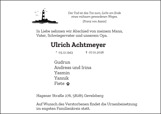 Traueranzeige von Ulrich Achtmeyer von Tageszeitung