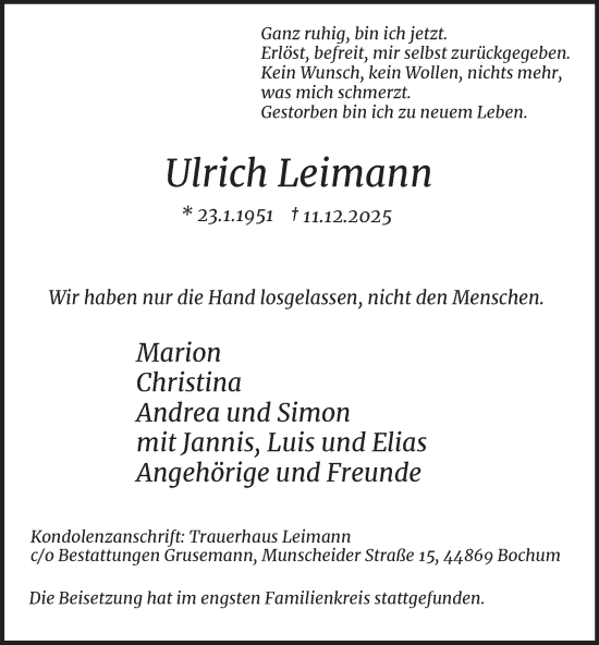 Traueranzeige von Ulrich Leimann von Tageszeitung