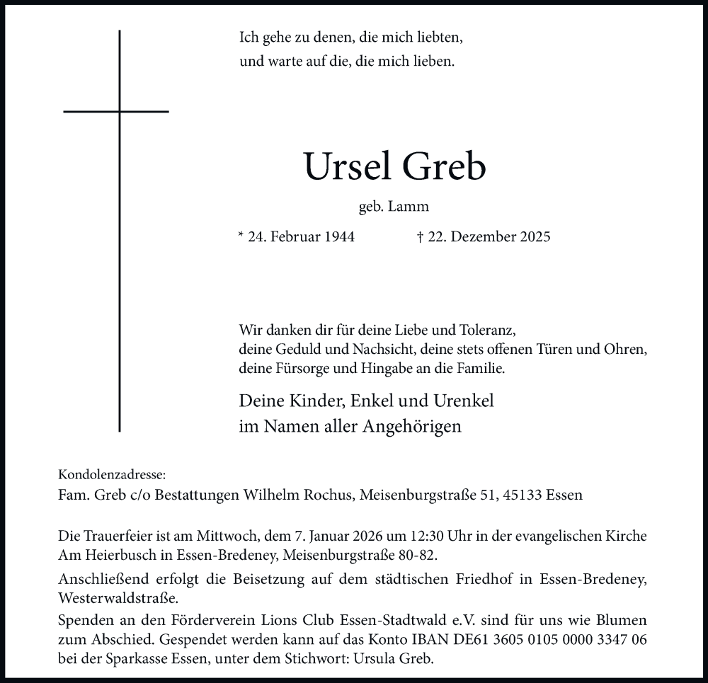  Traueranzeige für Ursel Greb vom 03.01.2026 aus Tageszeitung