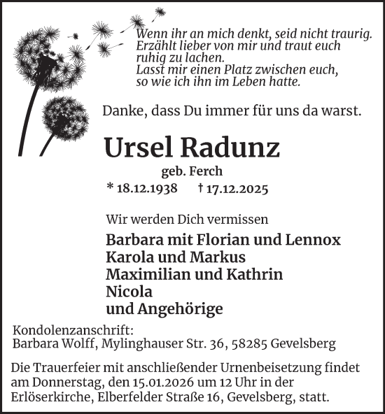 Traueranzeige von Ursel Radunz von Tageszeitung