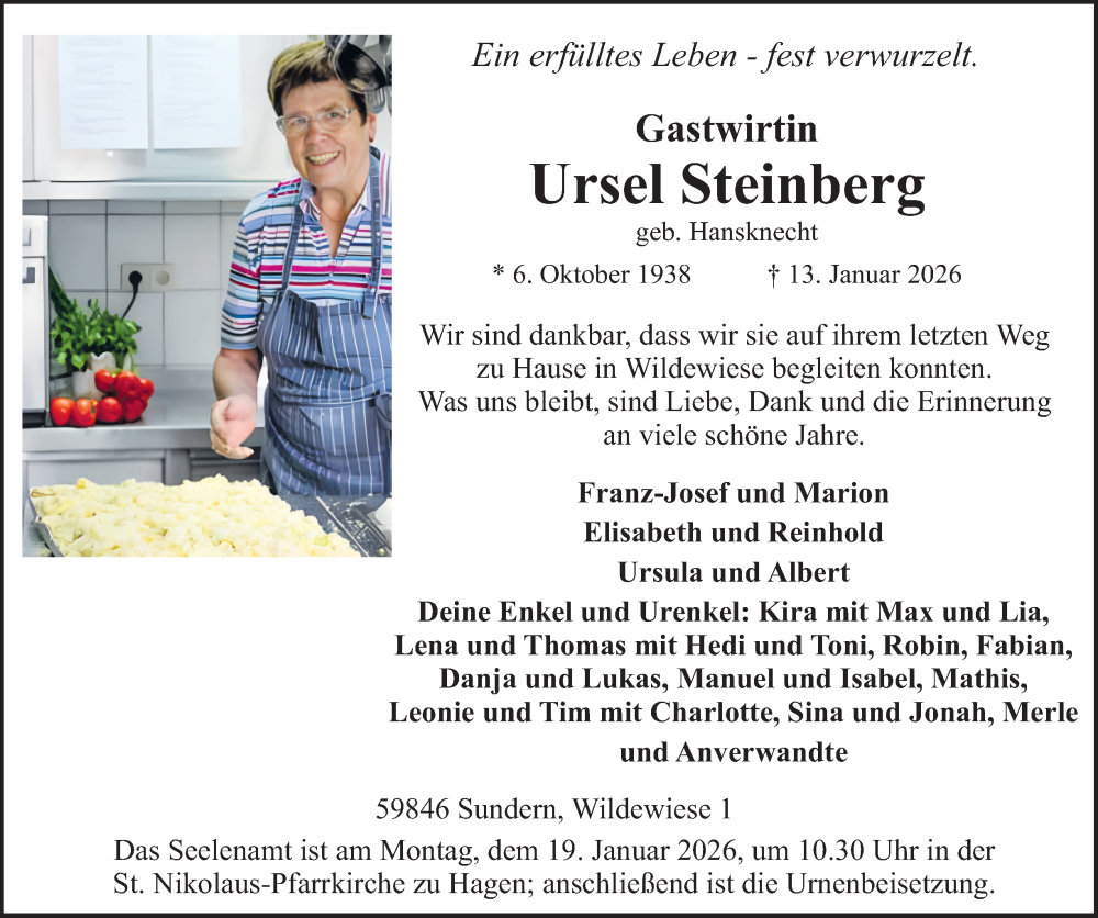  Traueranzeige für Ursel Steinberg vom 16.01.2026 aus Tageszeitung
