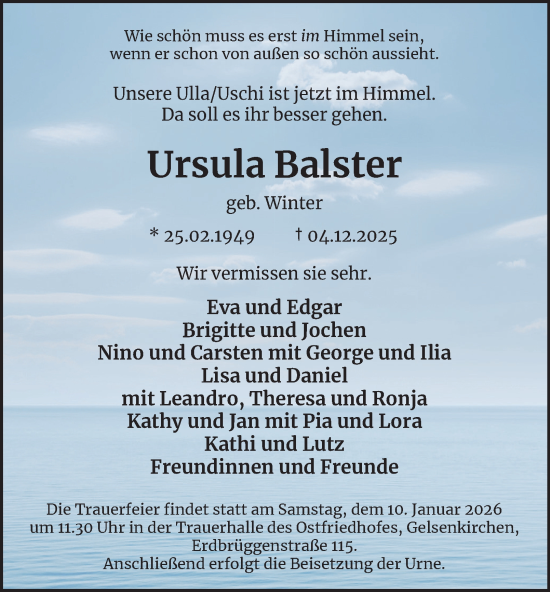 Traueranzeige von Ursula Balster von Tageszeitung