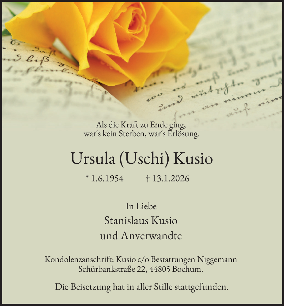  Traueranzeige für Ursula Kusio vom 24.01.2026 aus Tageszeitung
