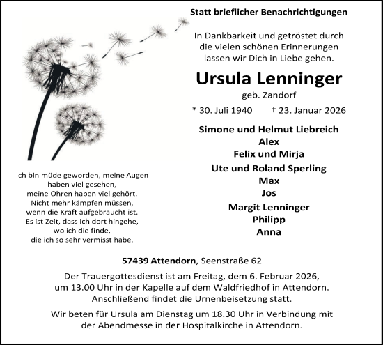 Traueranzeige von Ursula Lenninger von Tageszeitung