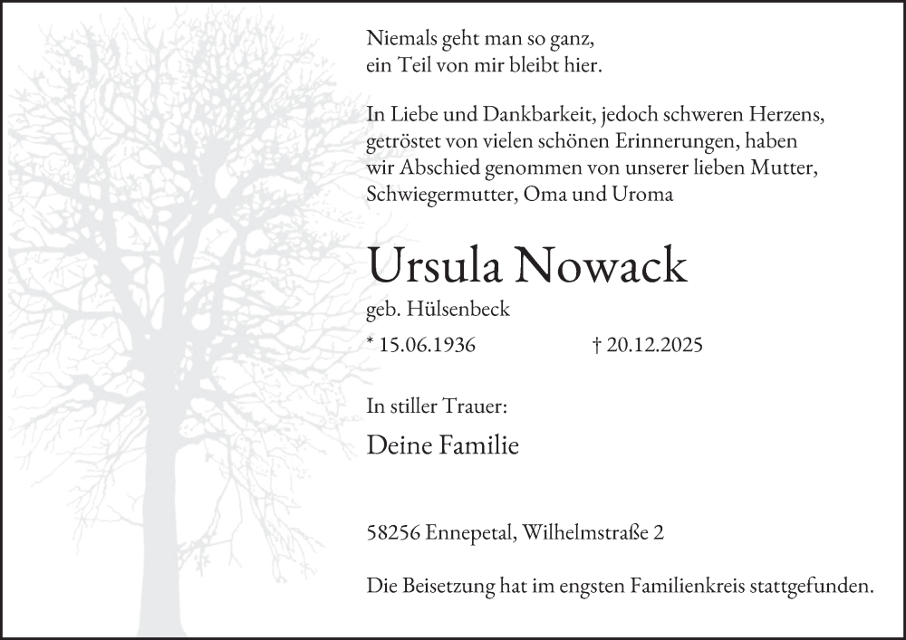  Traueranzeige für Ursula Nowack vom 17.01.2026 aus Tageszeitung