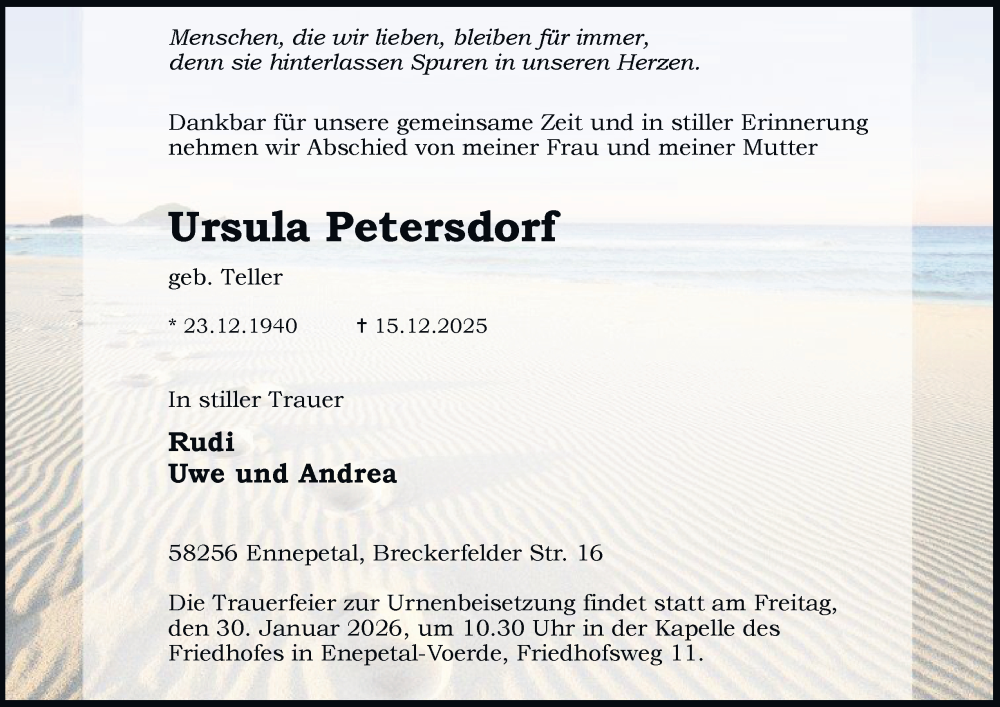  Traueranzeige für Ursula Petersdorf vom 24.01.2026 aus Tageszeitung