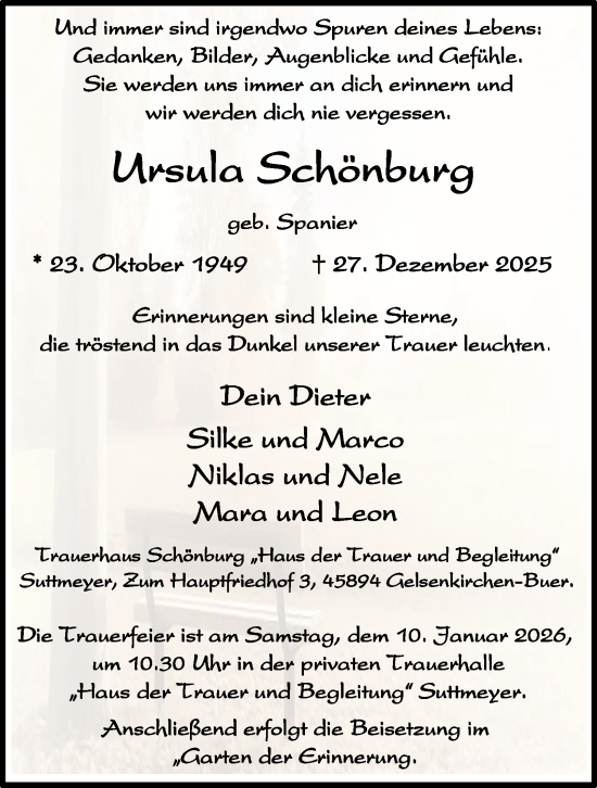 Traueranzeige von Ursula Schönburg von Tageszeitung