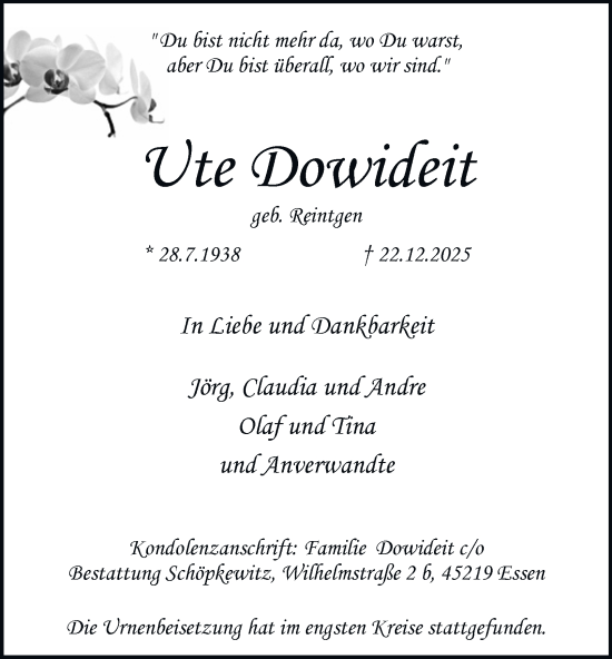 Traueranzeige von Ute Dowideit von Tageszeitung
