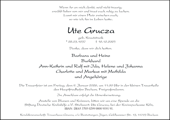 Traueranzeige von Ute Grucza von Tageszeitung