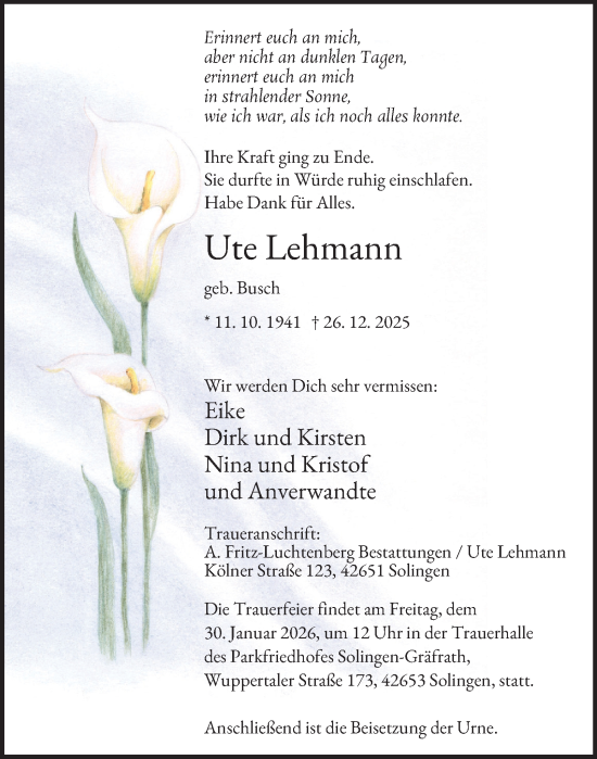 Traueranzeige von Ute Lehmann von Tageszeitung