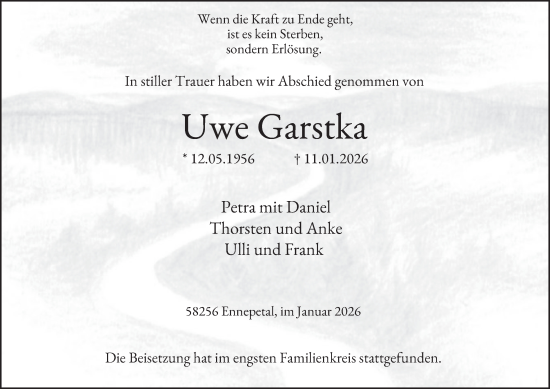 Traueranzeige von Uwe Garstka von Tageszeitung