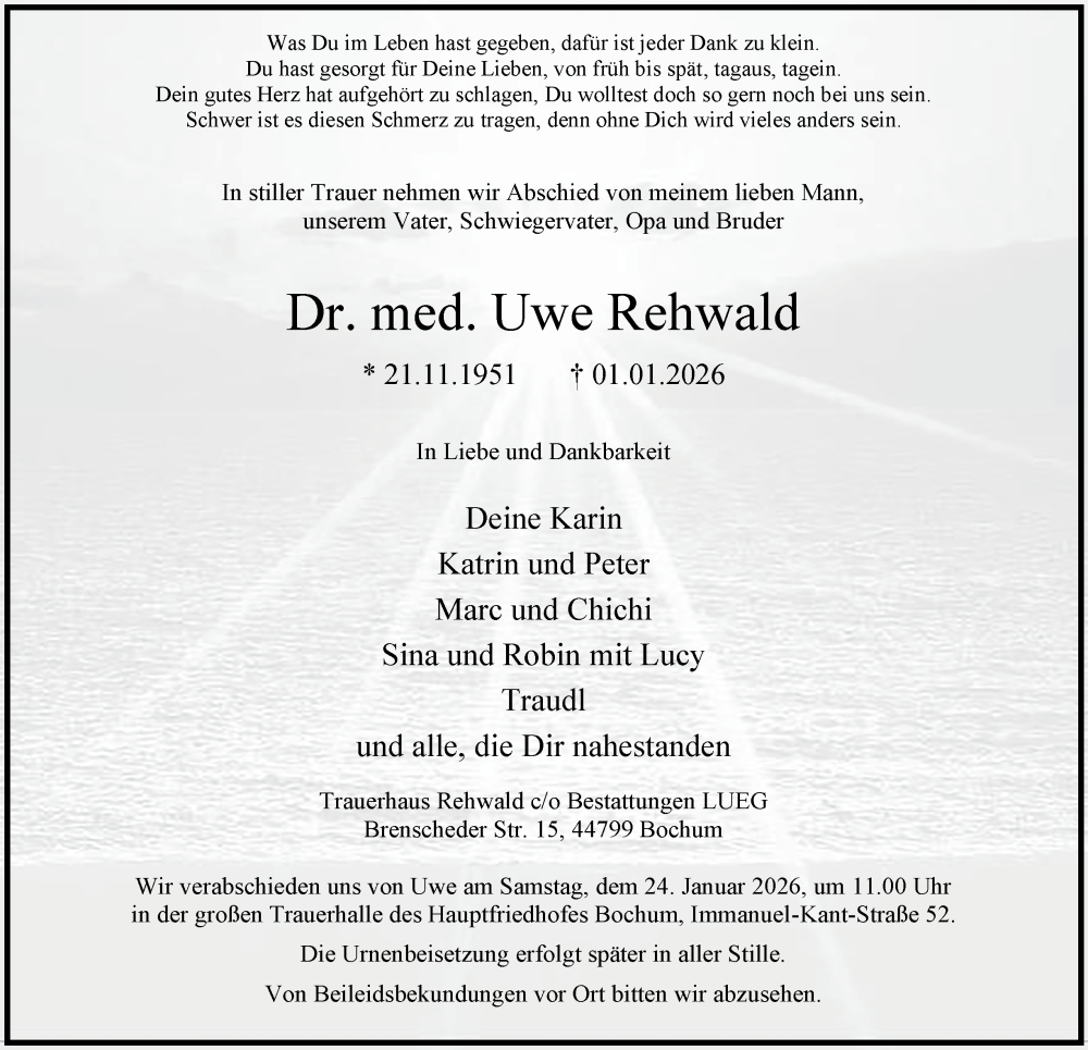  Traueranzeige für Uwe Rehwald vom 10.01.2026 aus Tageszeitung