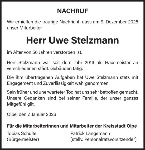Traueranzeige von Uwe Stelzmann von Tageszeitung