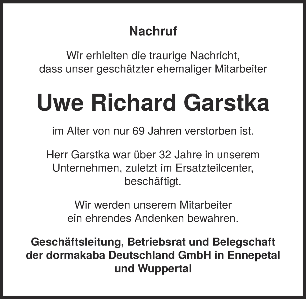 Traueranzeige für Uwe Richard Garstka vom 31.01.2026 aus Tageszeitung