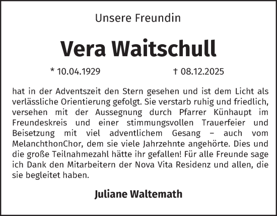 Traueranzeige von Vera Waitschull von Tageszeitung