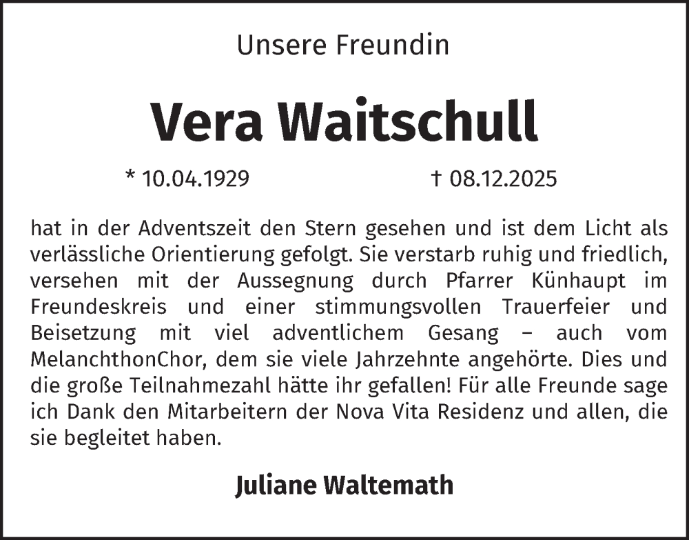  Traueranzeige für Vera Waitschull vom 03.01.2026 aus Tageszeitung