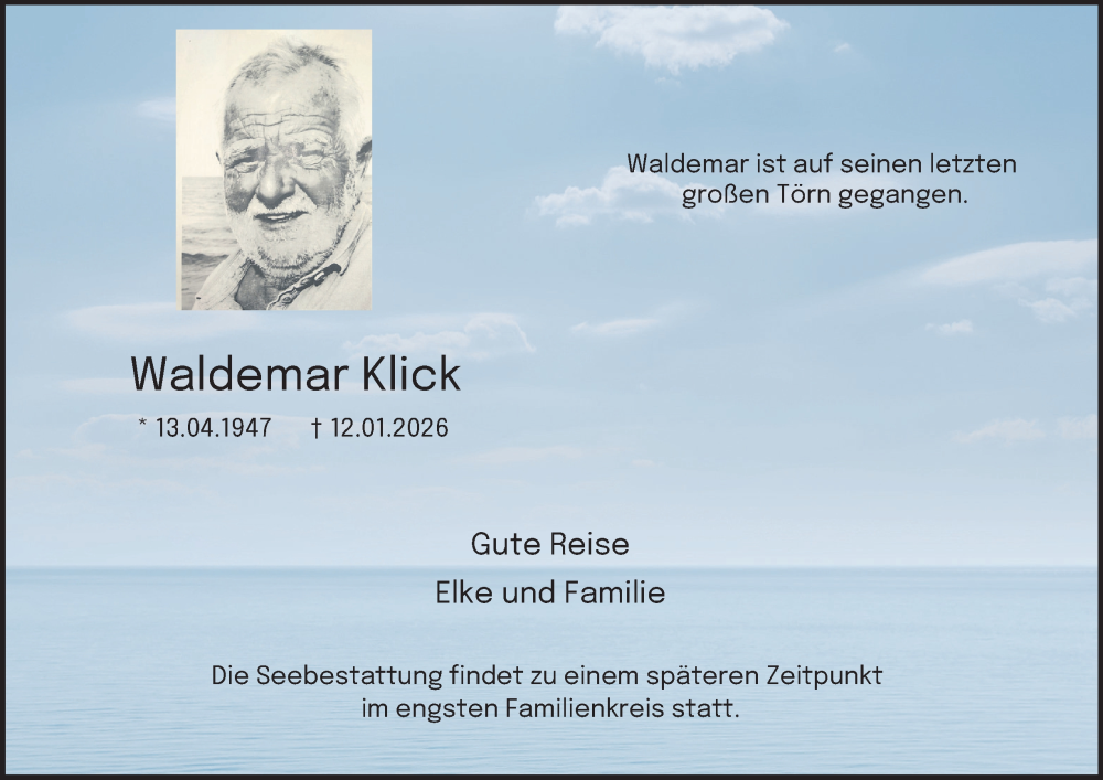  Traueranzeige für Waldemar Klick vom 17.01.2026 aus Tageszeitung