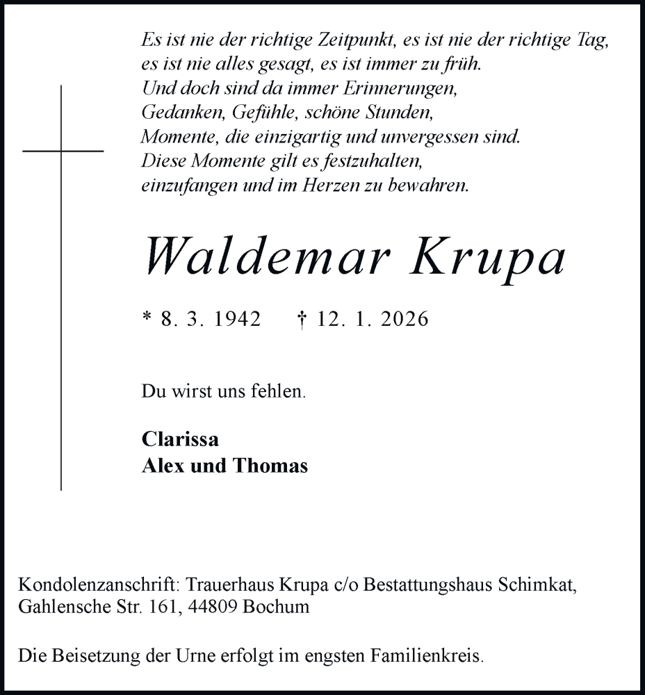  Traueranzeige für Waldemar Krupa vom 17.01.2026 aus Tageszeitung