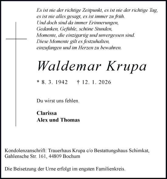 Traueranzeige von Waldemar Krupa von Tageszeitung