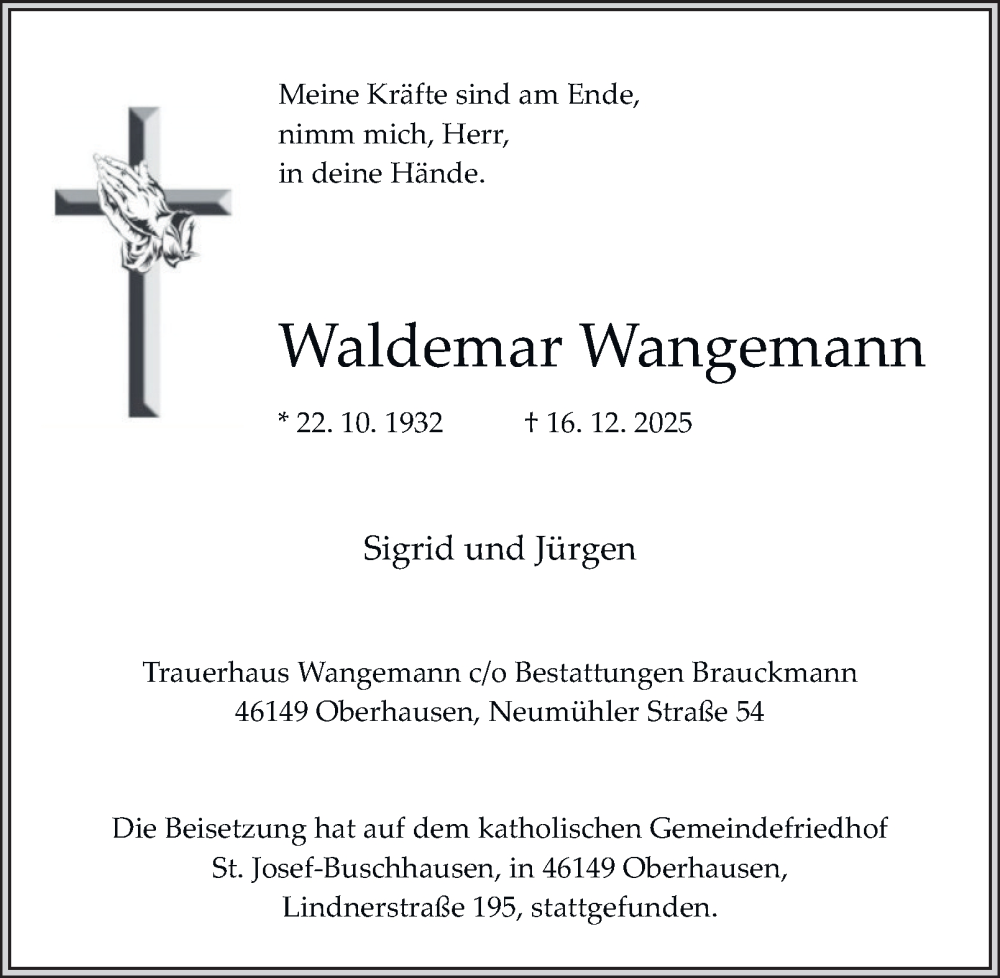  Traueranzeige für Waldemar Wangemann vom 03.01.2026 aus Tageszeitung