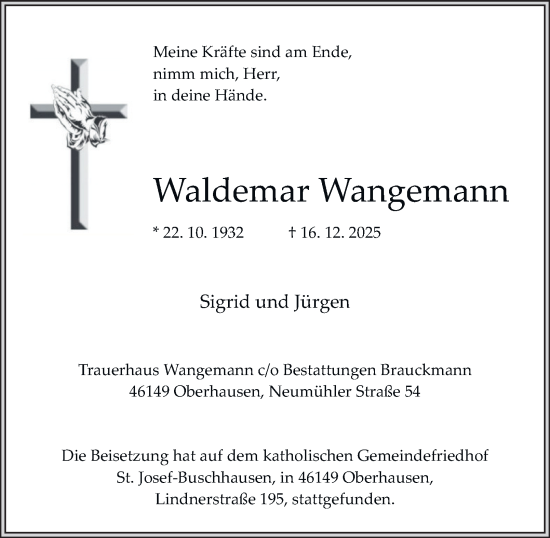 Traueranzeige von Waldemar Wangemann von Tageszeitung