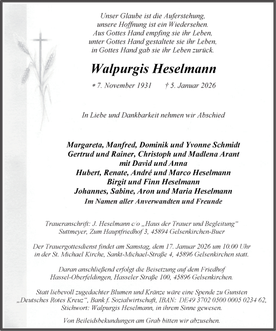 Traueranzeige von Walpurgis Heselmann von Tageszeitung