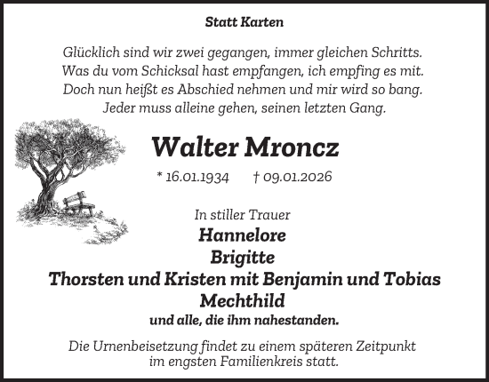 Traueranzeige von Walter Mroncz von Tageszeitung