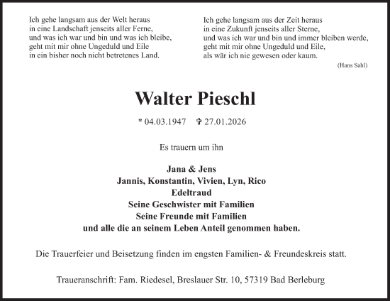 Traueranzeige von Walter Pieschl von Tageszeitung
