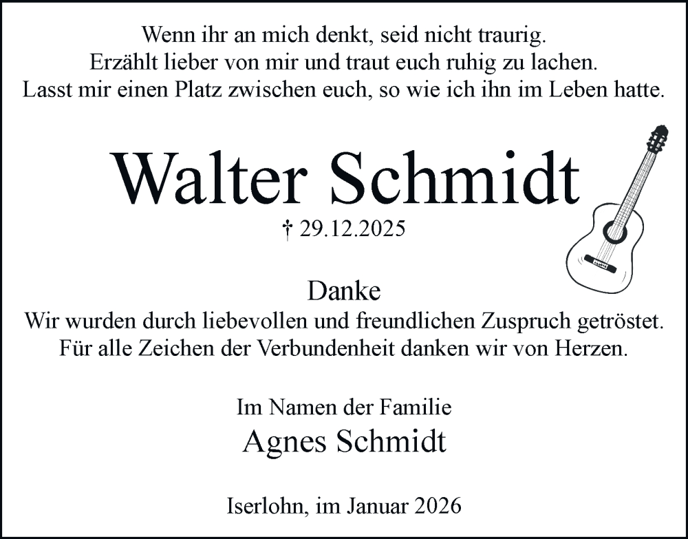  Traueranzeige für Walter Schmidt vom 31.01.2026 aus Tageszeitung