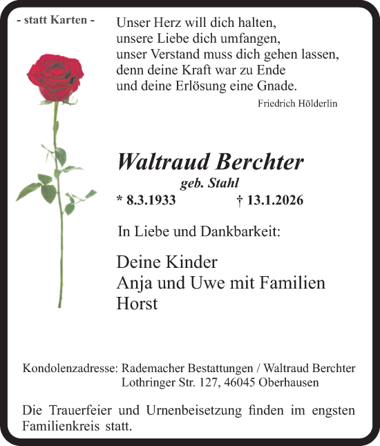 Traueranzeige von Waltraud Berchter von Tageszeitung