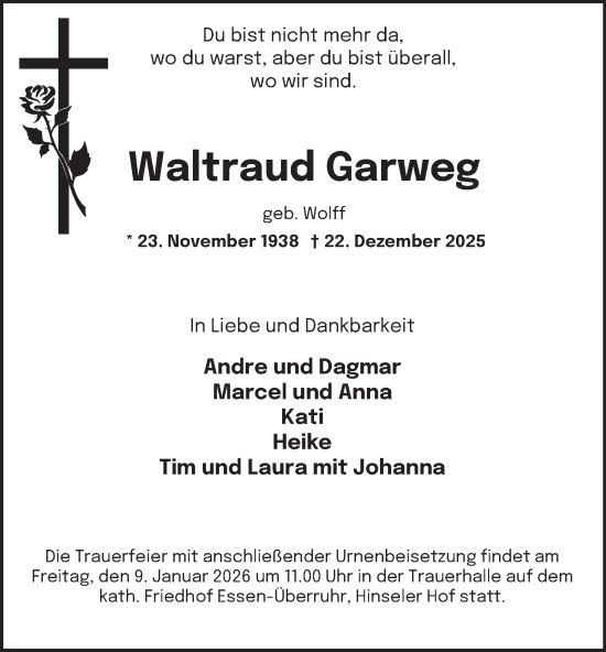 Traueranzeige von Waltraud Garweg von Tageszeitung